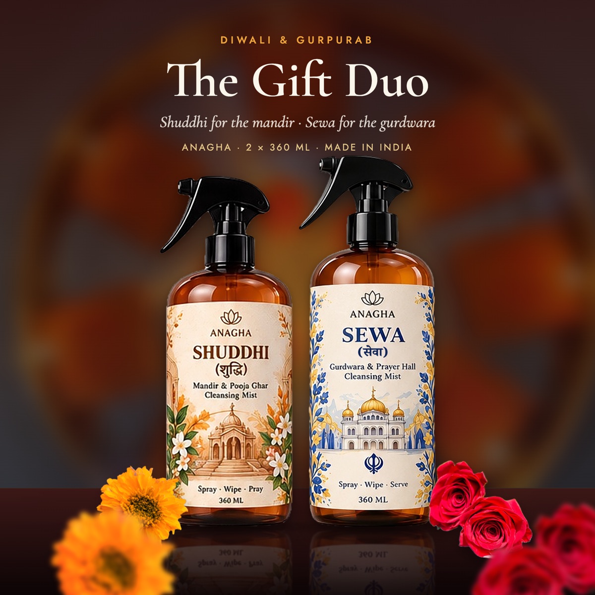 The ANAGHA Gift Duo: Shuddhi and Sewa with marigolds and roses for Diwali and Gurpurab