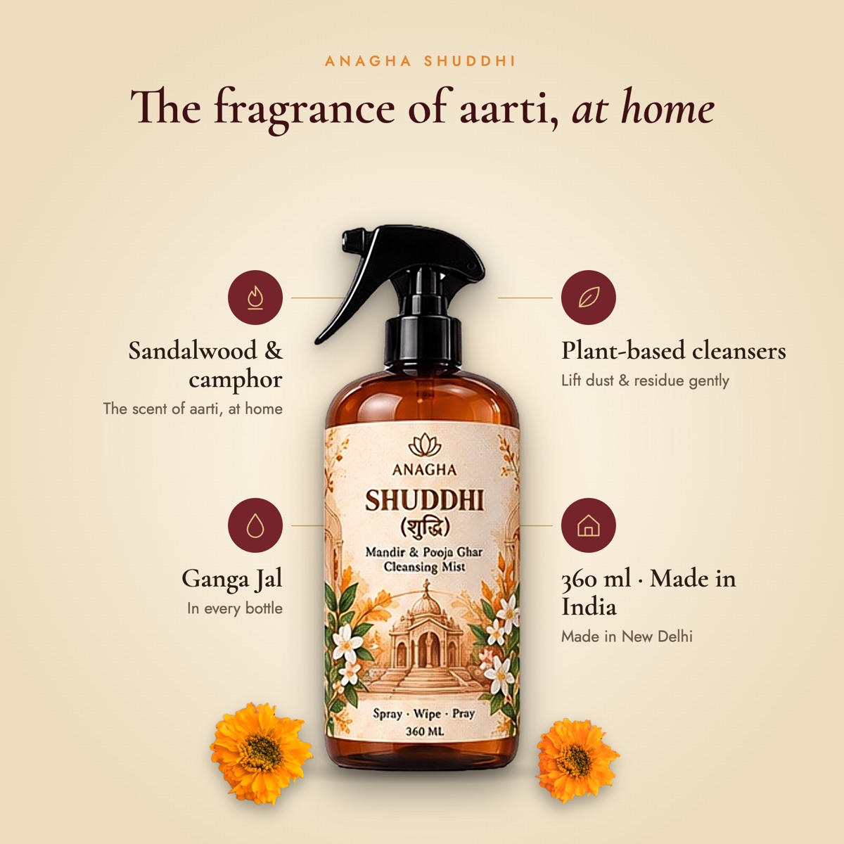 Shuddhi: sandalwood and camphor fragrance, Ganga Jal, plant-based cleansers, 360 ml made in India