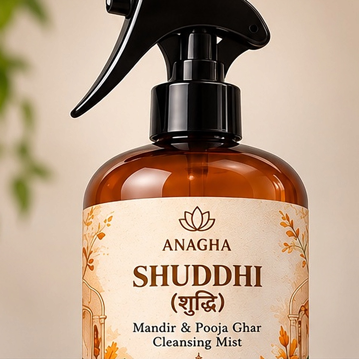 Close-up of the Shuddhi label: Mandir & Pooja Ghar Cleansing Mist