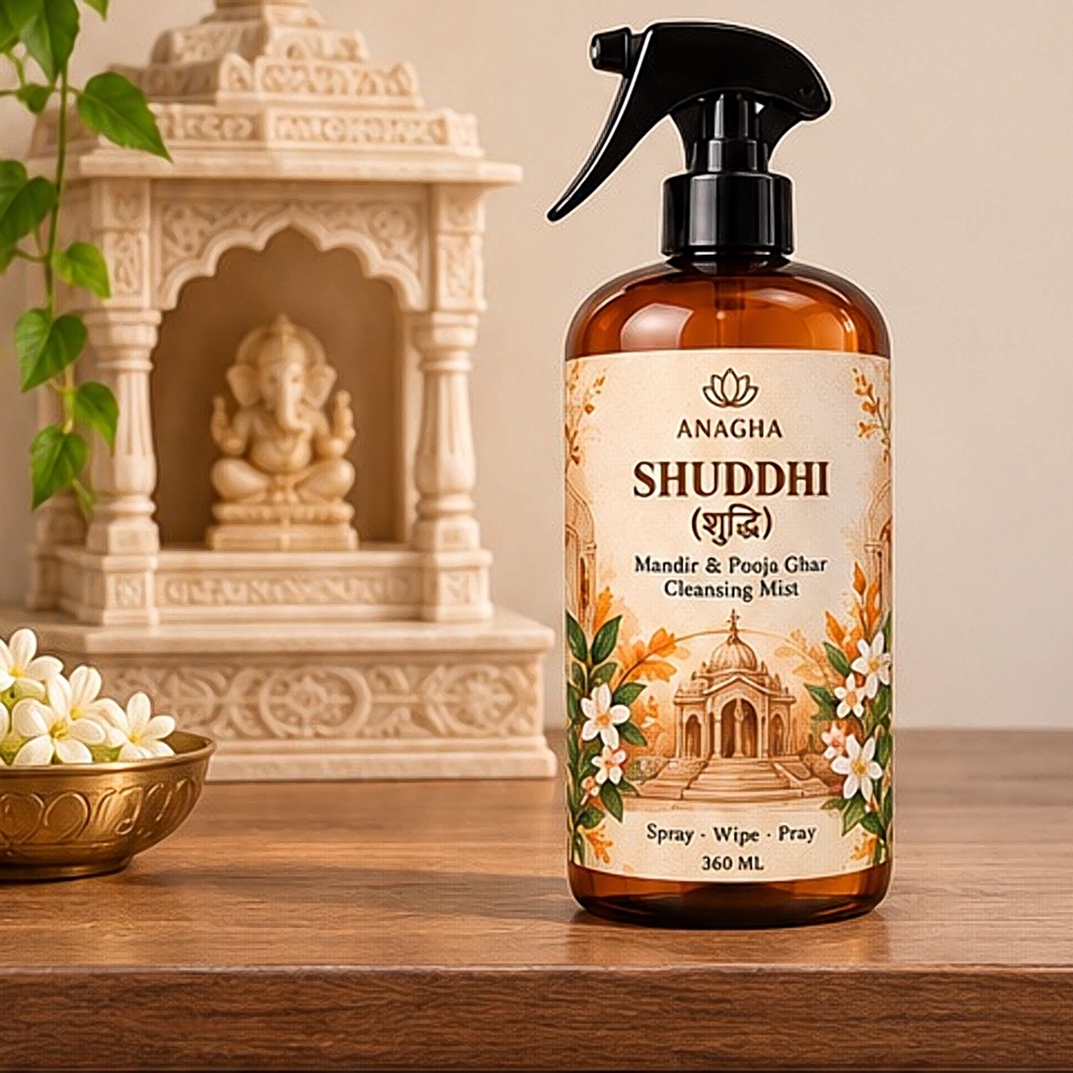 ANAGHA Shuddhi beside a carved marble home mandir with jasmine flowers
