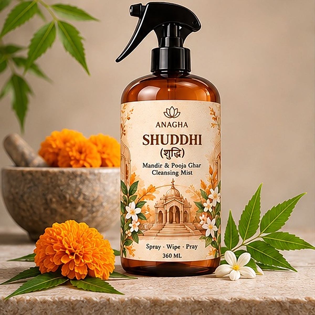 Shuddhi with marigolds, neem leaves and jasmine on stone