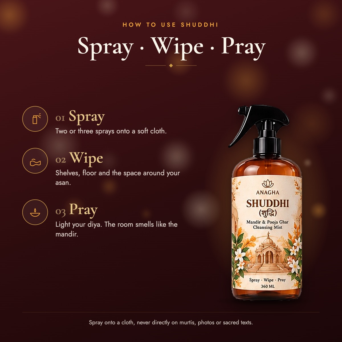 How to use Shuddhi: Spray · Wipe · Pray