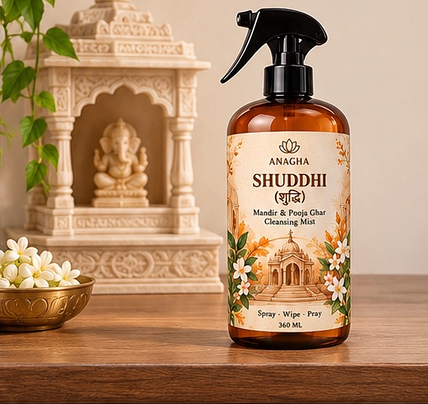 A carved marble home mandir with ANAGHA Shuddhi cleaning spray